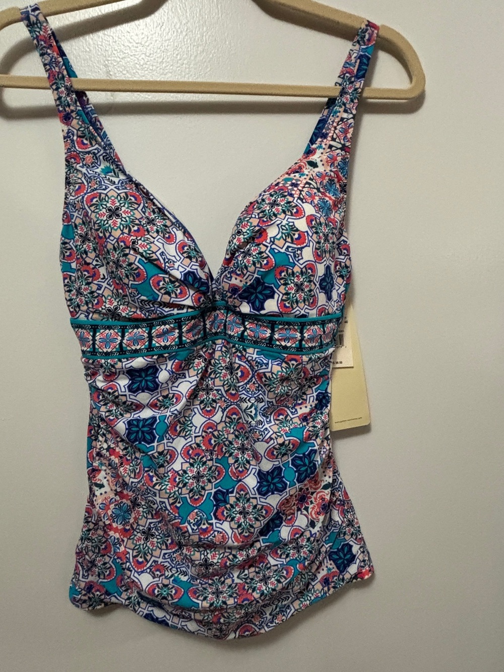 Gottex Profile Tankini Top 34D Mosaic Print Ruched Swimwear NWT D Cup